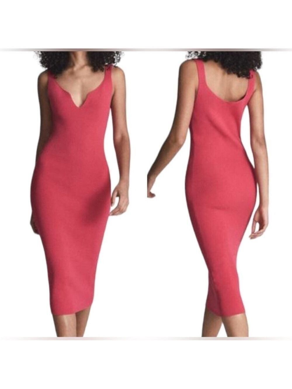 REISS Dakota Sweetheart Neck BodyCon Knit Midi Dress Pink Size Medium